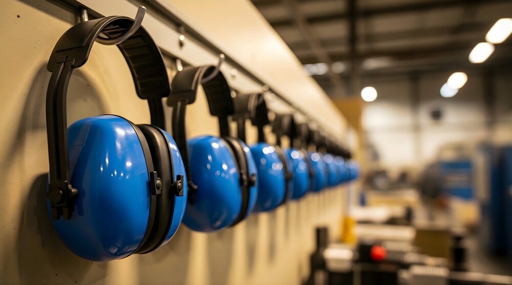 A series of industrial ear defenders lined up on the wall in a manufacturing facility