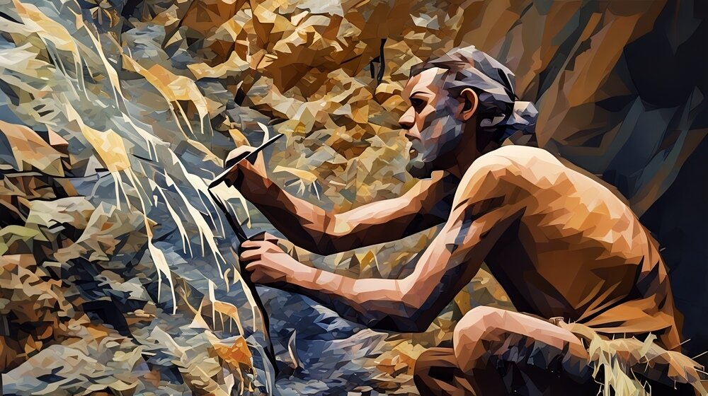A caveman painting murals on a cave wall, exampling how communication and marketing techniques have evolved