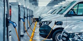 A series of business vans charging at an electric charging station on a highway