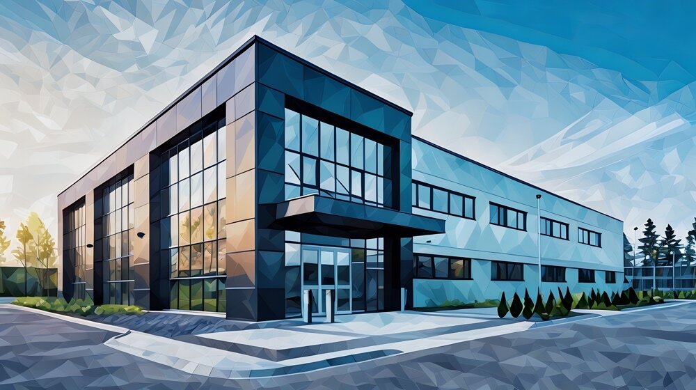 A modern commercial office on an industrial state (lots of glass/steel), shown from the outside entrance corner from the parking lot, with the light hitting the side of the building