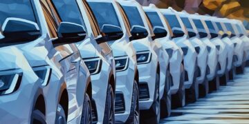 A series of the same company car sitting one behind each other, going off into the background