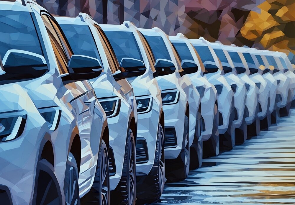 A series of the same company car sitting one behind each other, going off into the background
