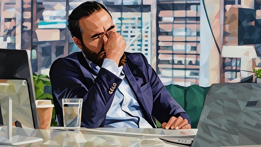 A company director sitting at a desk, holding the bridge of his nose in distress, he's realised he's made serious commercial mistake
