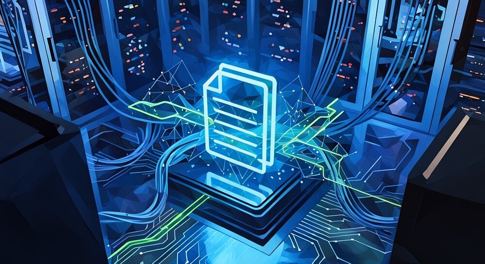 A neon representation of a physical contract document in digital format sitting within a computer and wires running towards it