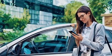 A business women standing next to her car, reading an email she received as she just got out of the car