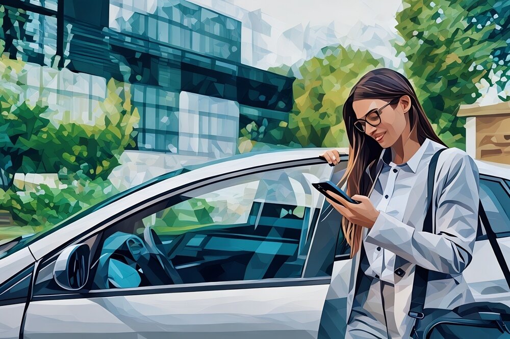 A business women standing next to her car, reading an email she received as she just got out of the car