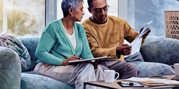 An elderly couple sitting down on a couch exploring a proposal for life insurance