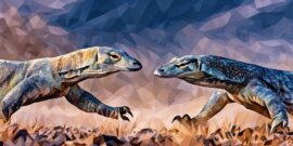 Two reptiles approaching each other to fight