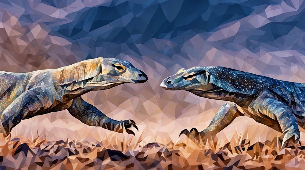 Two reptiles approaching each other to fight