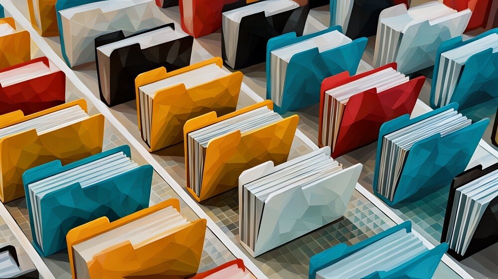 A series of physical filing folders lined up in different colours, being a representation of digital file systems and how they work