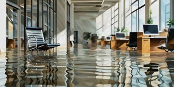 An open plan office space filled with water and office furniture floating on the surface after a flood