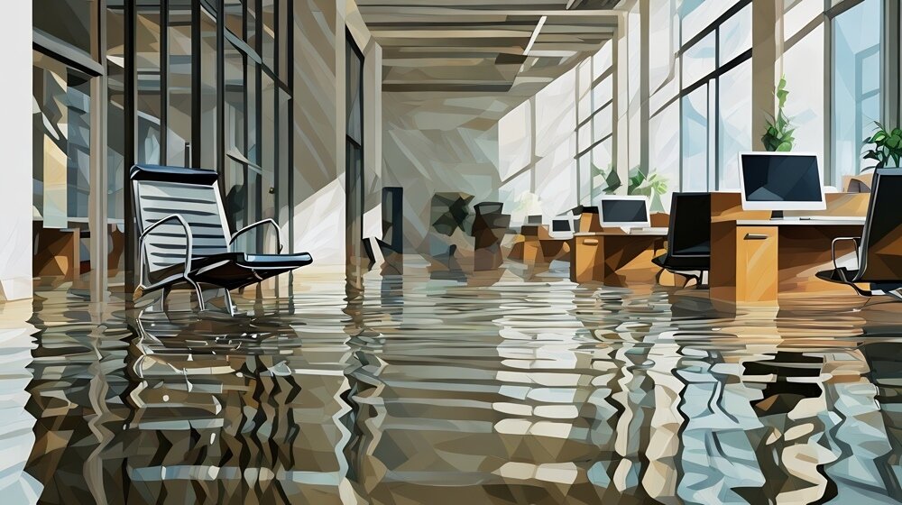 An open plan office space filled with water and office furniture floating on the surface after a flood