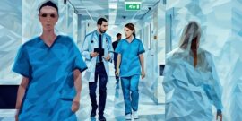 A doctor and nurse walking through a corridor in a busy hospital