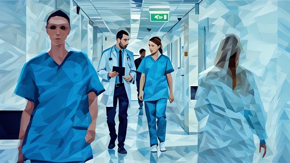 A doctor and nurse walking through a corridor in a busy hospital