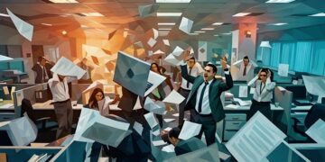 An office in chaos, with people throwing computers, papers everywhere and employees running around without respect for common office etiquette