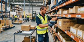A stock worker in a warehouse, scanning and packing items for freight delivery