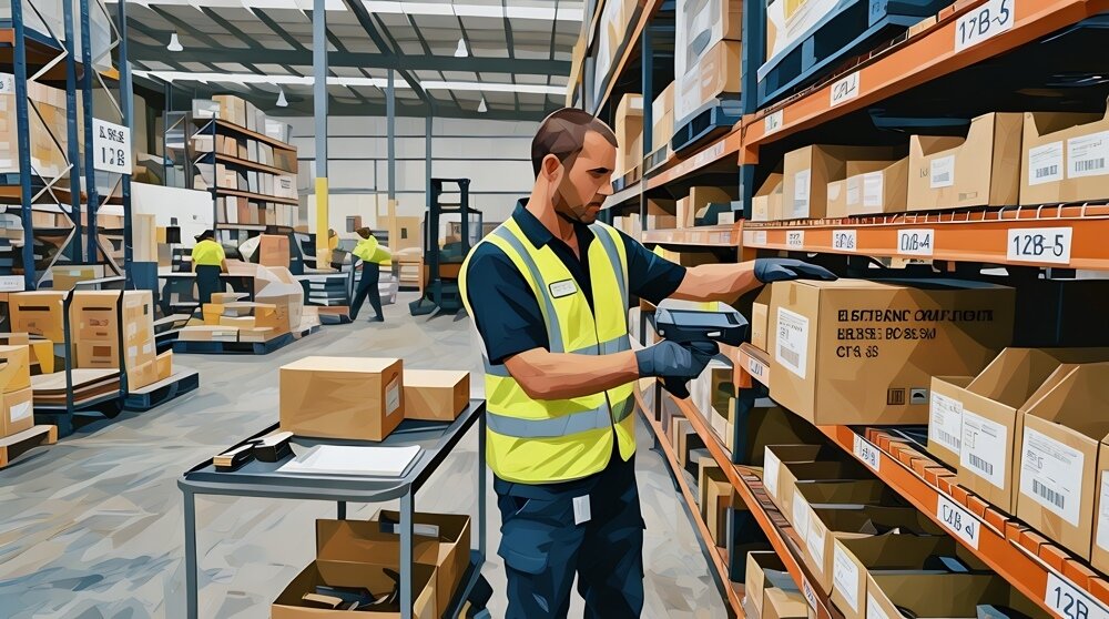 A stock worker in a warehouse, scanning and packing items for freight delivery