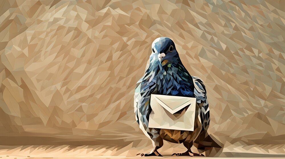 A pigeon holding an envelope, as a jest about how you can invoice people