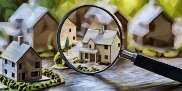 A magnifying glass zooming in on a model of residential property