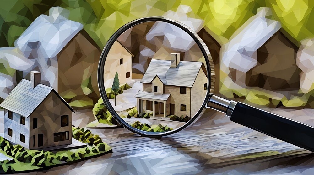 A magnifying glass zooming in on a model of residential property
