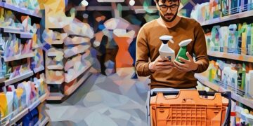 A man with a shopping trolley in the supermarket, he is deciding between two different products.