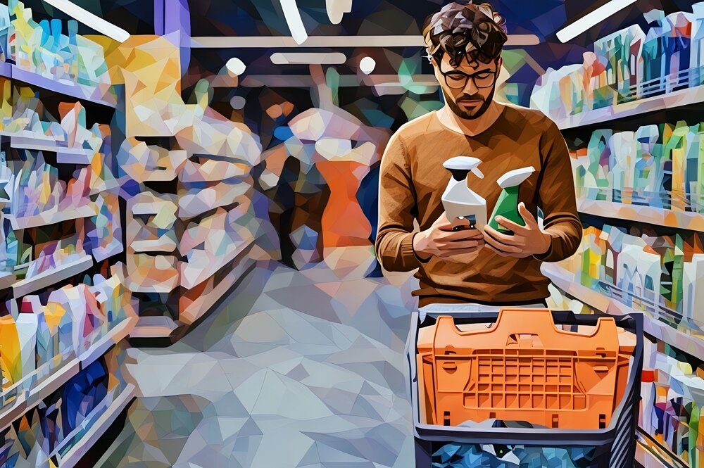A man with a shopping trolley in the supermarket, he is deciding between two different products.