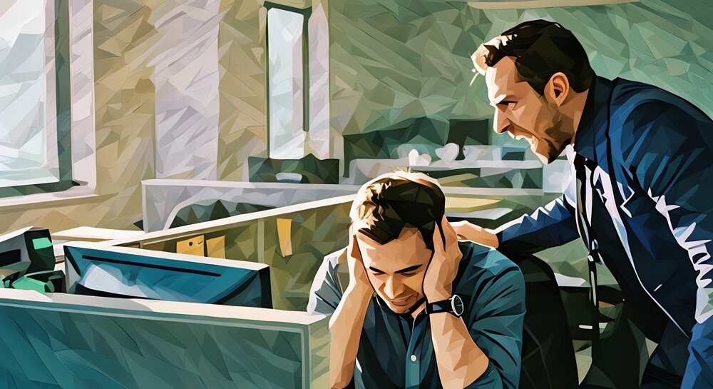 A manager shouting close to an employee with the employee covering their ears in distress
