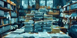 An office with a huge stack of mild organised papers in the middle, giving an overwhelming sense of chaos