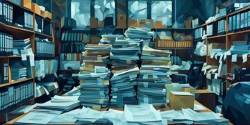 An office with a huge stack of mild organised papers in the middle, giving an overwhelming sense of chaos