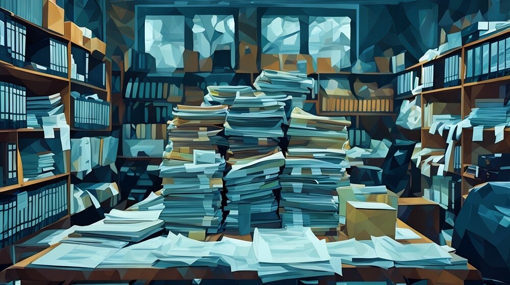 An office with a huge stack of mild organised papers in the middle, giving an overwhelming sense of chaos