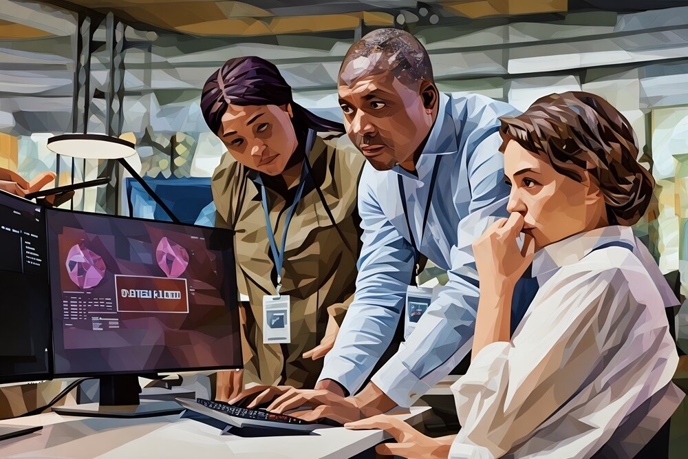 A team of CySec employees gathered around a computer looking stress, as they've just indentified a cyber attack