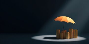 An orange umbrella over a pile of coins, with a light hitting the umbrella acting as insurance, showing the umbrella protecting the money