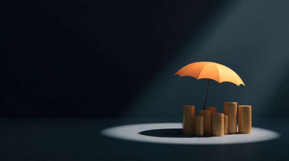 An orange umbrella over a pile of coins, with a light hitting the umbrella acting as insurance, showing the umbrella protecting the money