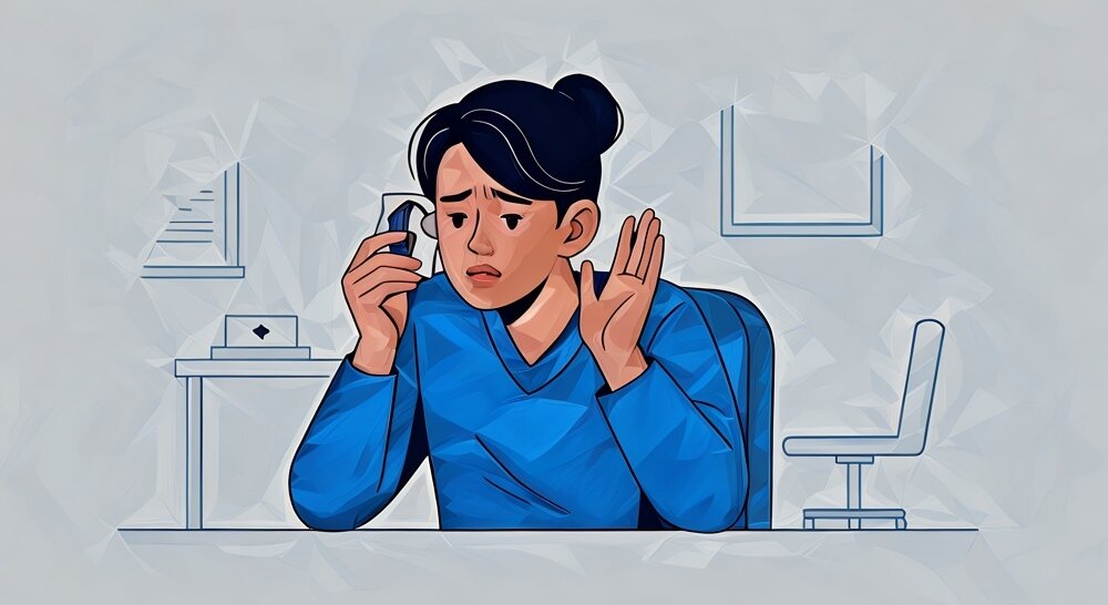 A person in the workplace holding their hands up in distress