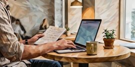 An entrepreneur in a coffee shop, holding a paper and making notes from it on a laptop