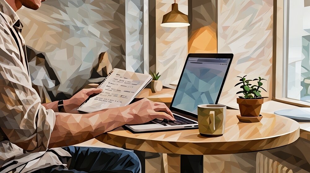 An entrepreneur in a coffee shop, holding a paper and making notes from it on a laptop